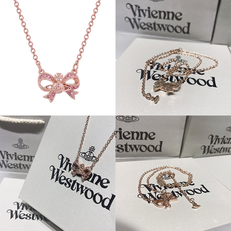 Gem Studded Ribbon Bow Orb Pendant Necklace Silver & Rose Gold (2 Colors)