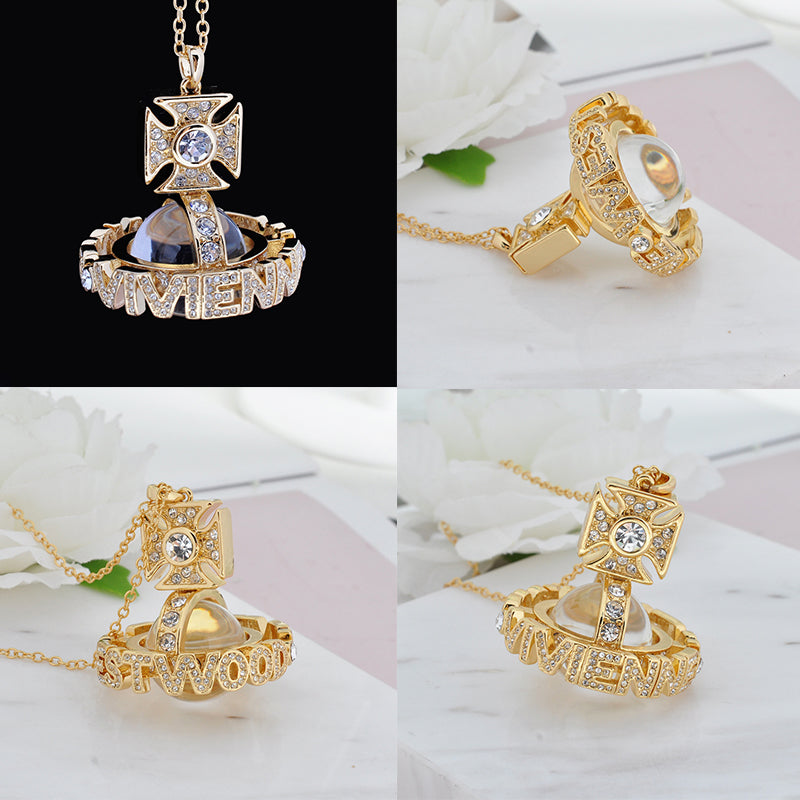 Multi Gem Studded Spellout Text Clear Orb Necklace Gold & Silver (2 Colors)