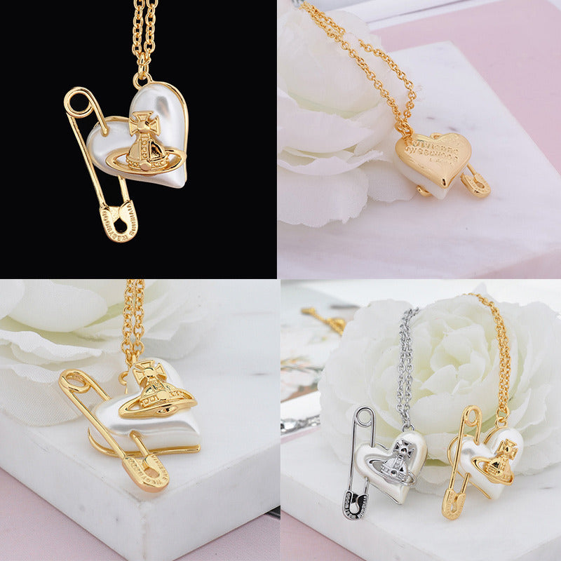 Heart Safety Pin Paperclip Asymmetrical Pearl Orb Design Necklace (3 Colors)