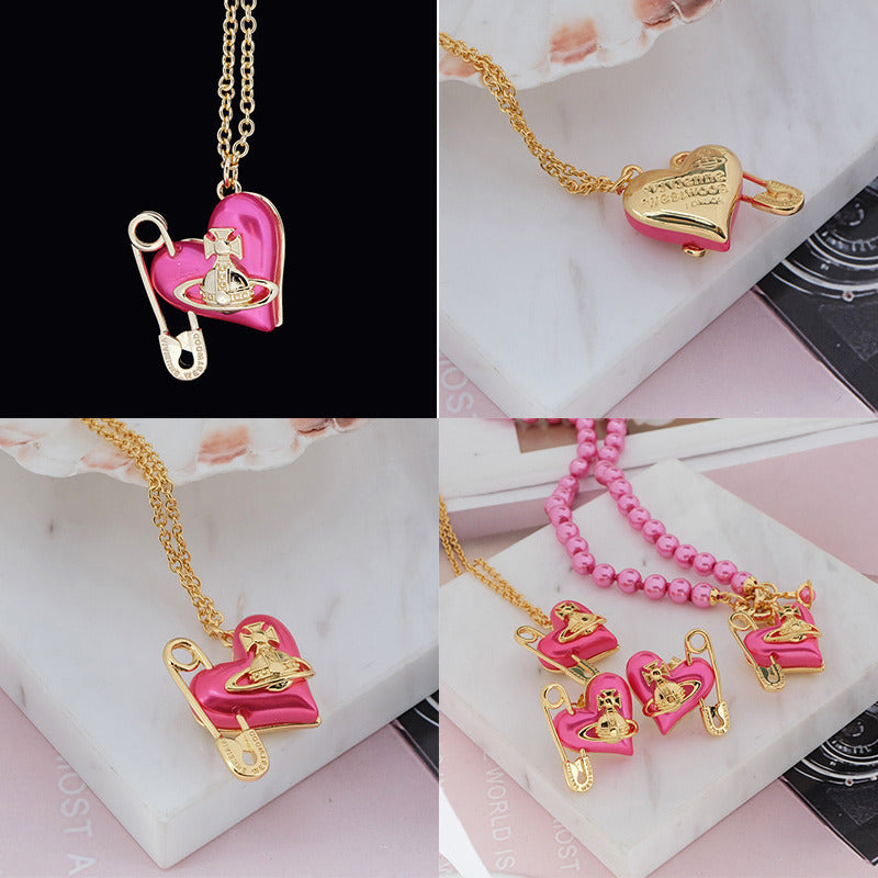 Heart Safety Pin Paperclip Asymmetrical Pearl Orb Design Necklace (3 Colors)