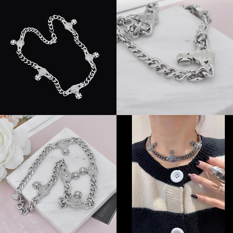 Multi Orb Pendant Chain Link Necklace Silver & Pink (2 Colors)