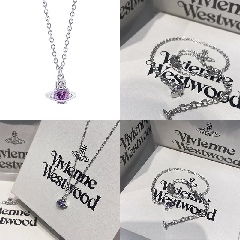 Mini Heart Gemstone Orb Pendant Necklace Purple & Silver (2 Colors)