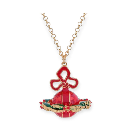 Christmas Holiday Edition Red Gold Orb Pendant Necklace