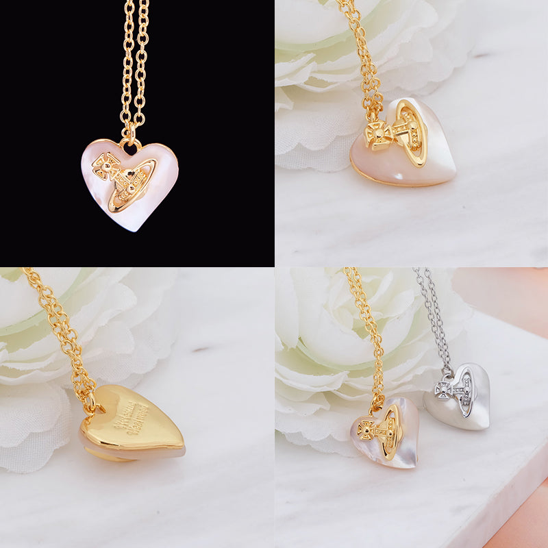 Heart Shaped Iridescent Stone Engraved Orb Necklace (4 Colors)
