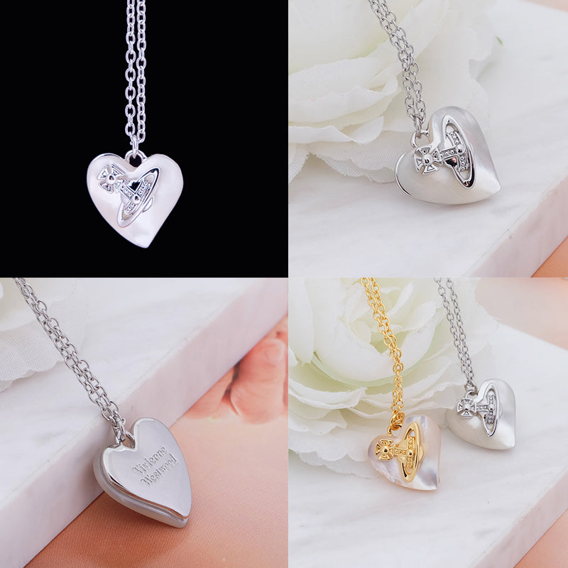 Heart Shaped Iridescent Stone Engraved Orb Necklace (4 Colors)