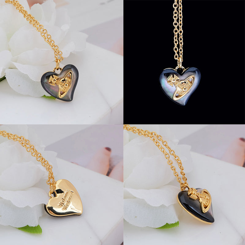 Heart Shaped Iridescent Stone Engraved Orb Necklace (4 Colors)