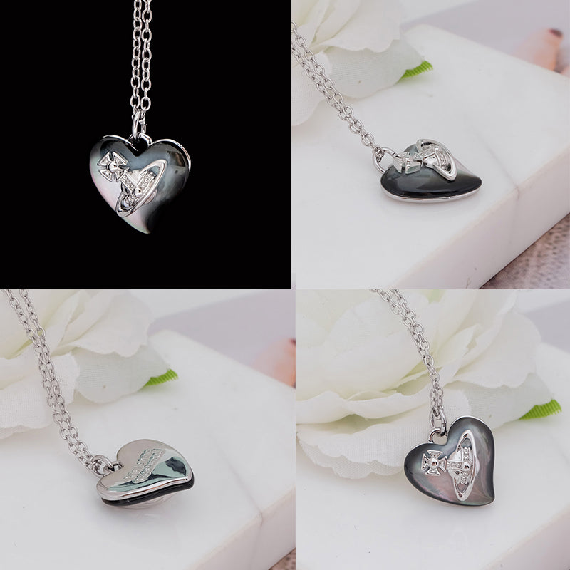 Heart Shaped Iridescent Stone Engraved Orb Necklace (4 Colors)
