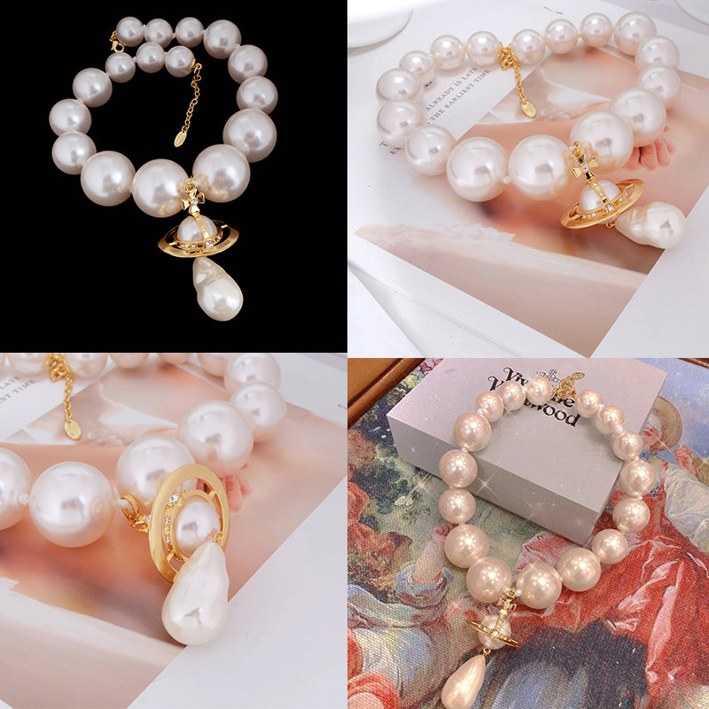 Jumbo Pearl Choker Tear Drop Orb Pendant Necklace Gold & Silver (2 Colors)