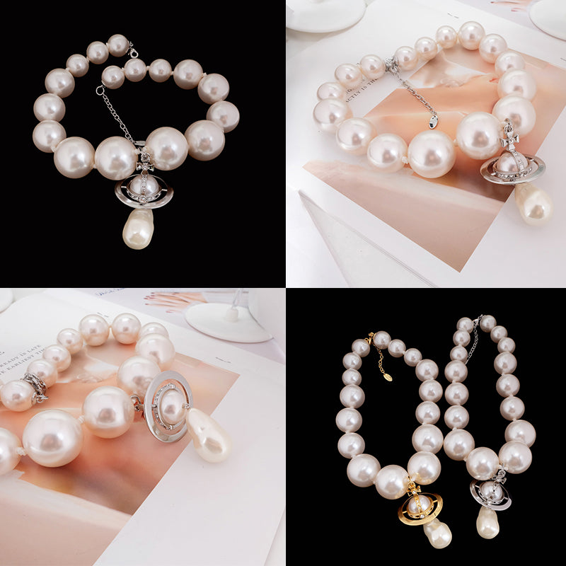 Jumbo Pearl Choker Tear Drop Orb Pendant Necklace Gold & Silver (2 Colors)