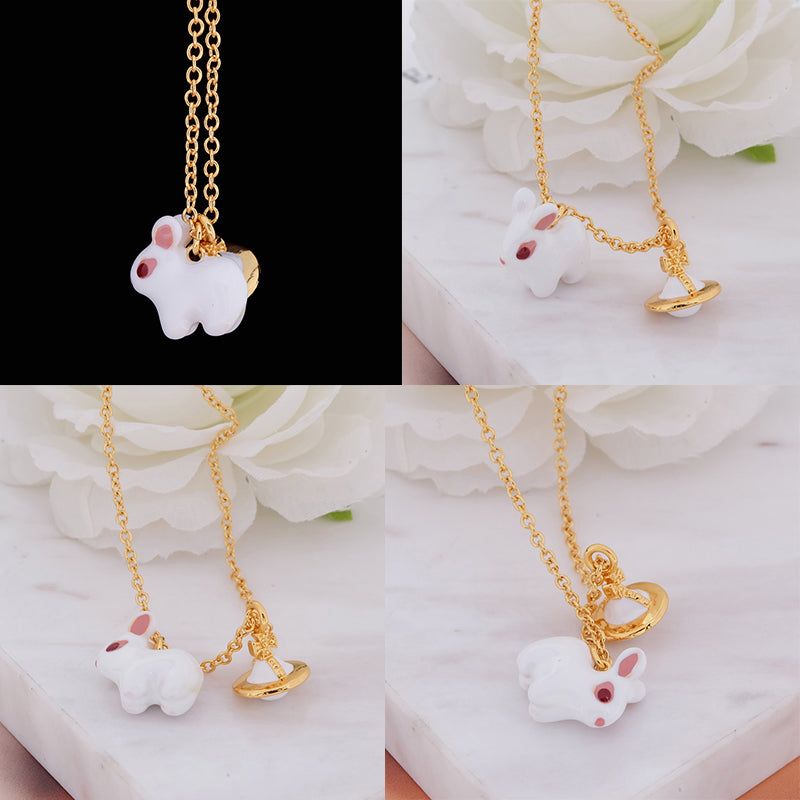 Bunny Rabbit White Red Eyes Orb Pendant Necklace