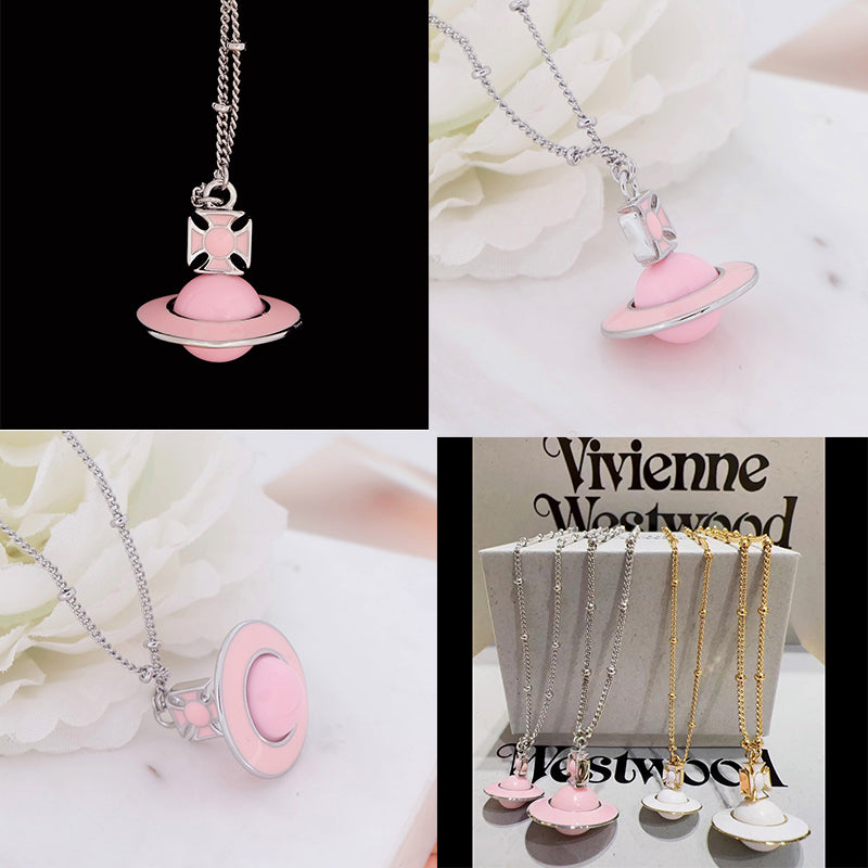 Pastel Outlined Pendant Orb Necklace White & Baby Pink (2 Colors)