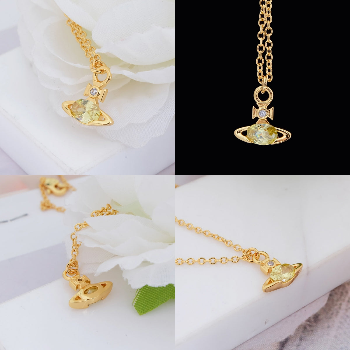 Mini Oval Gemstone Orb Pendant Necklace Pink & Green (2 Colors)