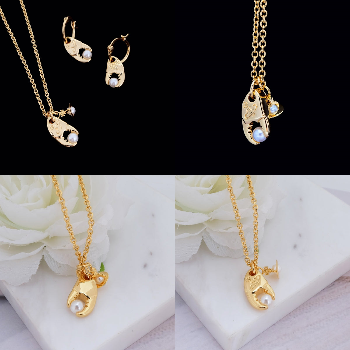 Crab Claw Holding Pearl Design Hanging Orb Pendant Gold & Silver Necklace (2 Colors)