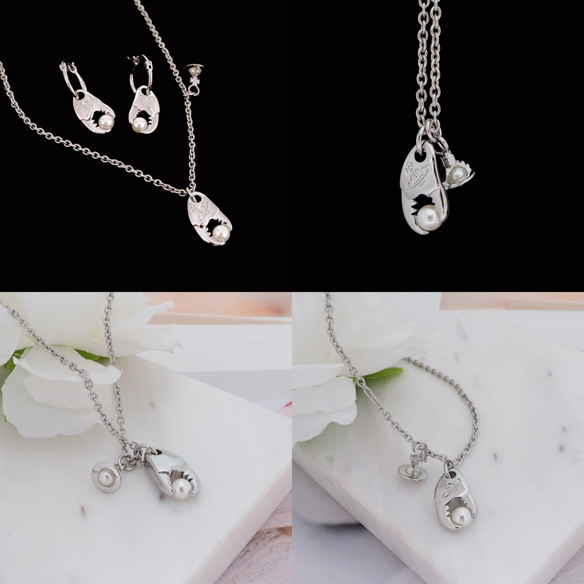 Crab Claw Holding Pearl Design Hanging Orb Pendant Gold & Silver Necklace (2 Colors)