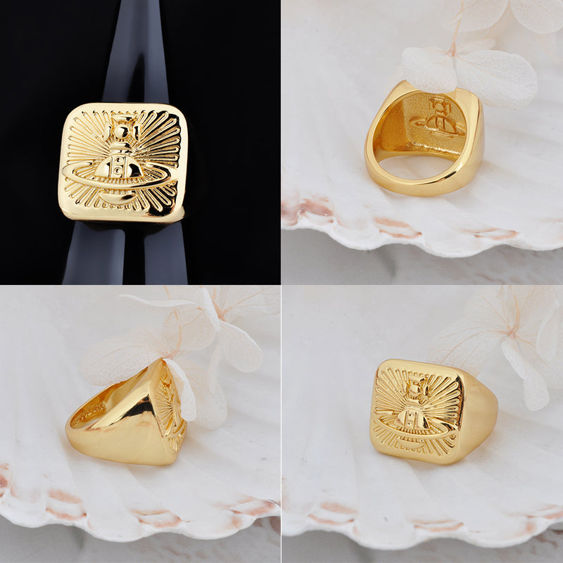 Square Shape Shaped Stamp Seal Signet Engraved Orb Design Ring (3 Colors)
