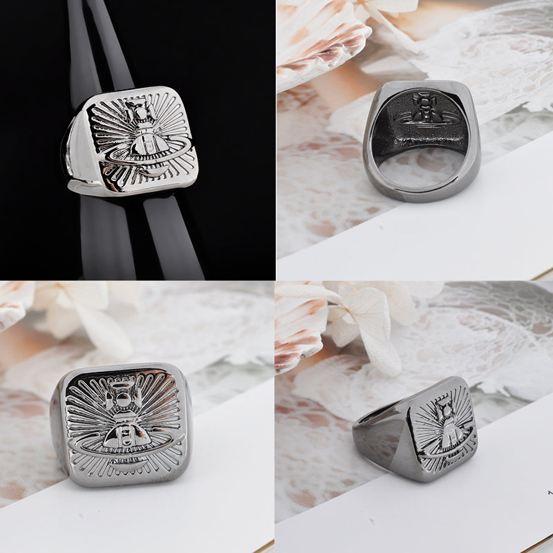 Square Shape Shaped Stamp Seal Signet Engraved Orb Design Ring (3 Colors)