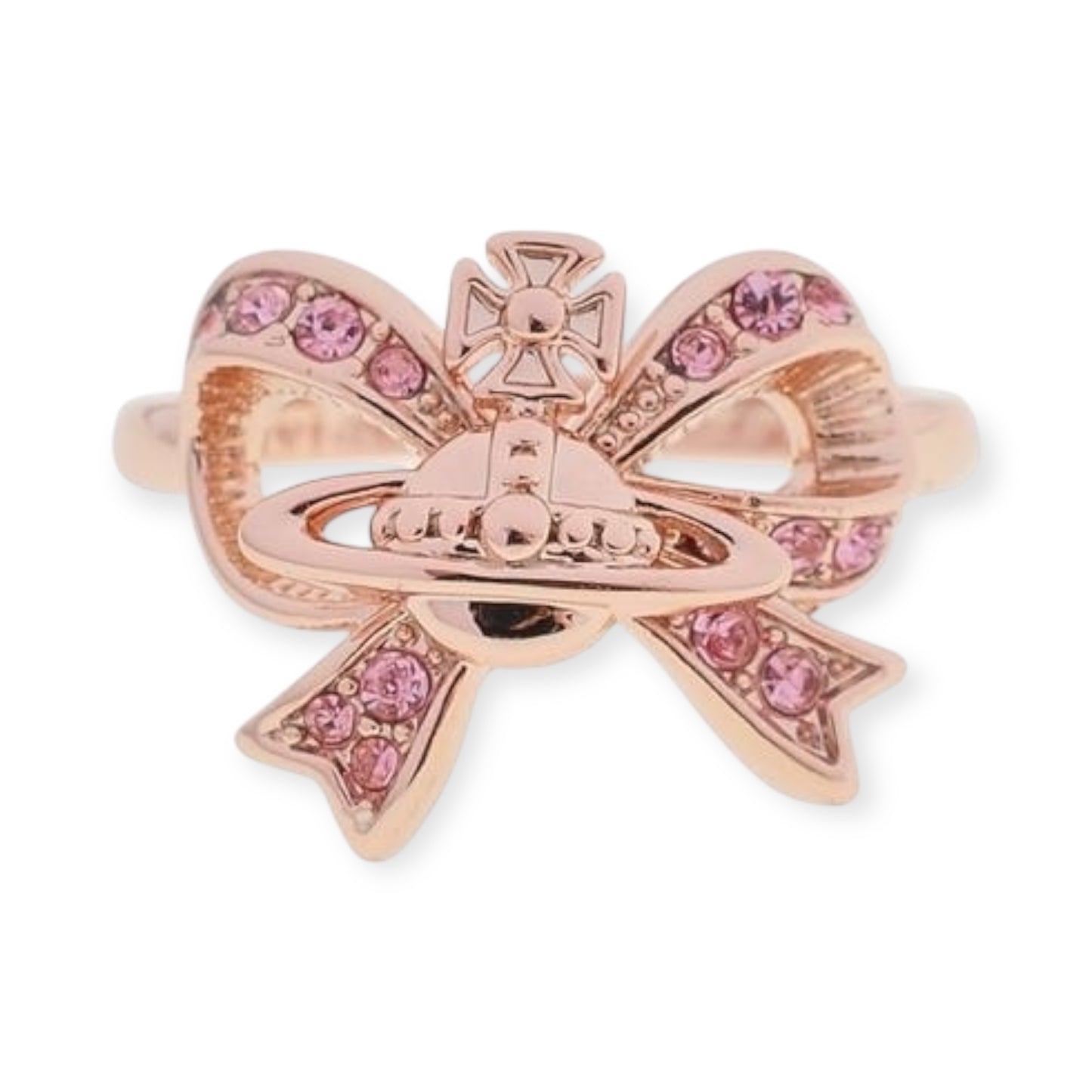 Gem Studded Ribbon Bow Orb Pendant Silver & Rose Gold Ring (2 Colors)