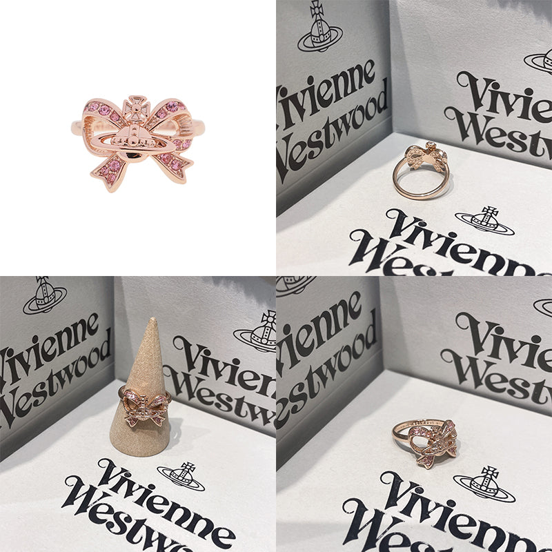 Gem Studded Ribbon Bow Orb Pendant Silver & Rose Gold Ring (2 Colors)